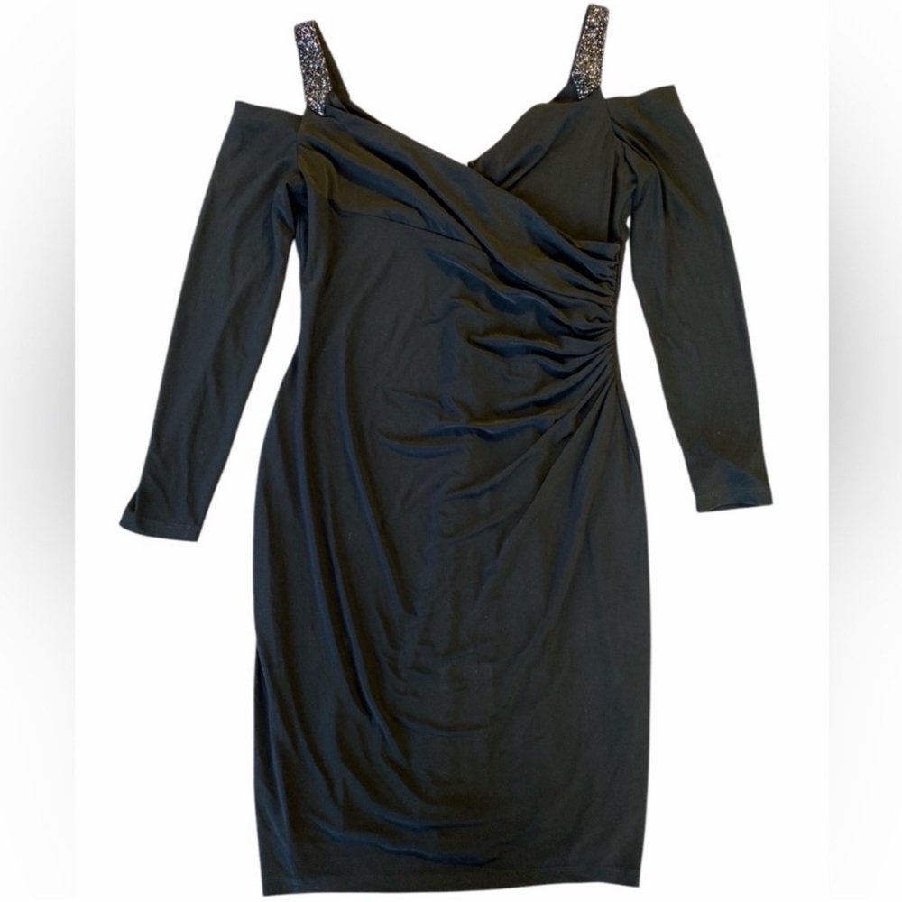 Ralph Lauren Black Ruched Beaded Cocktail Dress Size 14 Elegant Formal Evening